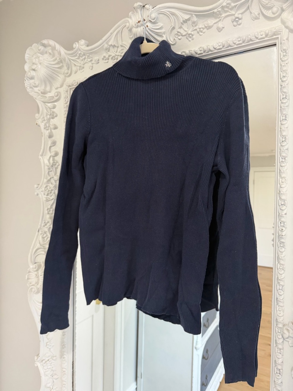 Ralph Lauren Navy Blue Ribbed Turtleneck Sweater with Logo